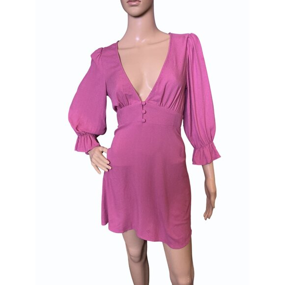 Pink Long-Sleeve Mini‎ Dress With Deep V-Neckline Ruched Cuff Barbie Cottagecore - Picture 1 of 15